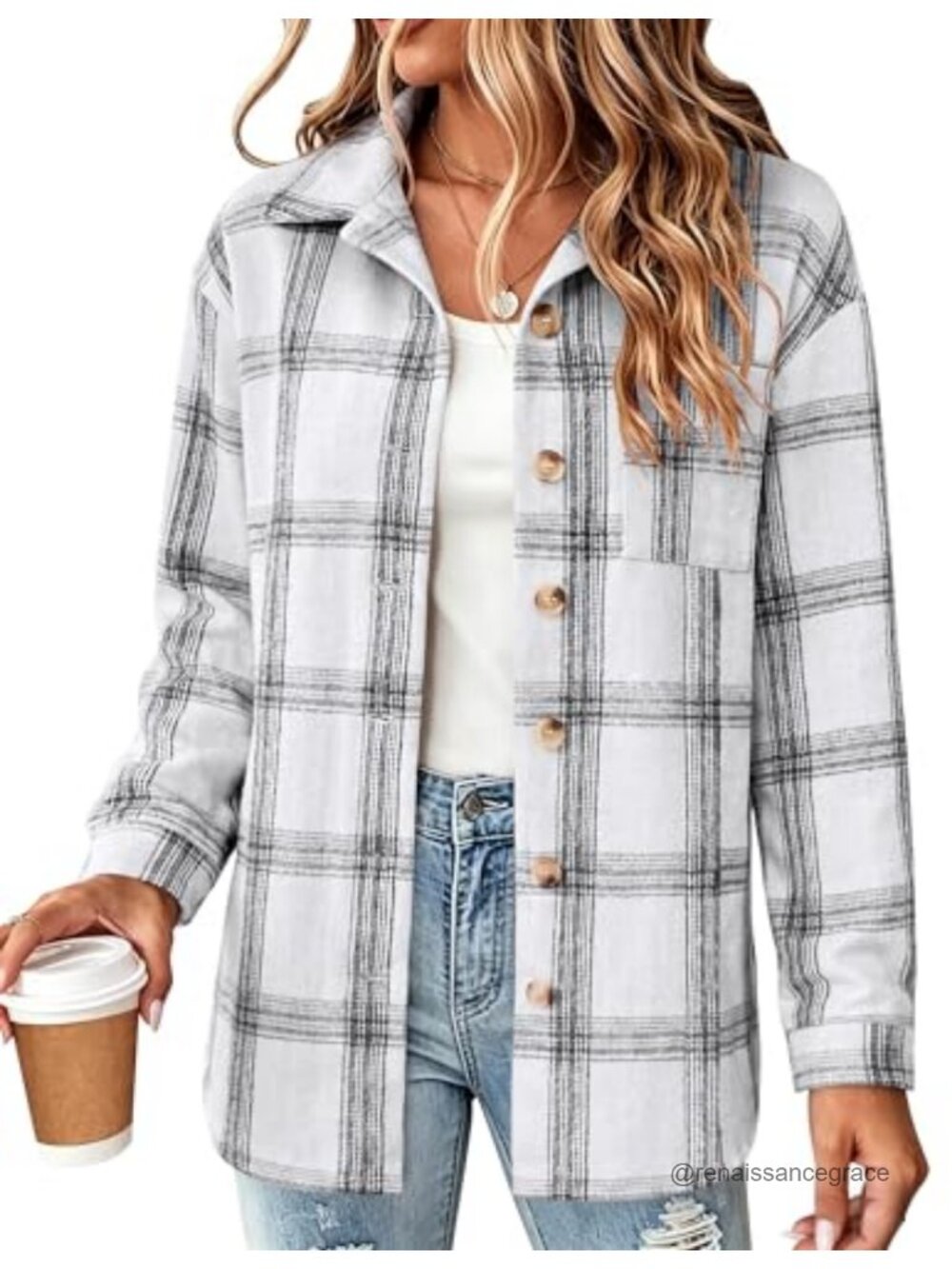 Flannel Shacket Jacket Plaid Button Down Long Sleeve Shirt